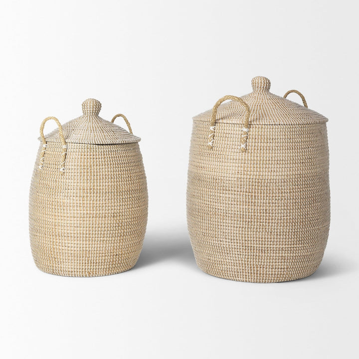 Set of 2 Seagrass Floor Baskets W/Lids and dles 20.9l X 20.9w 29.9h Beige - Diamond Home USA