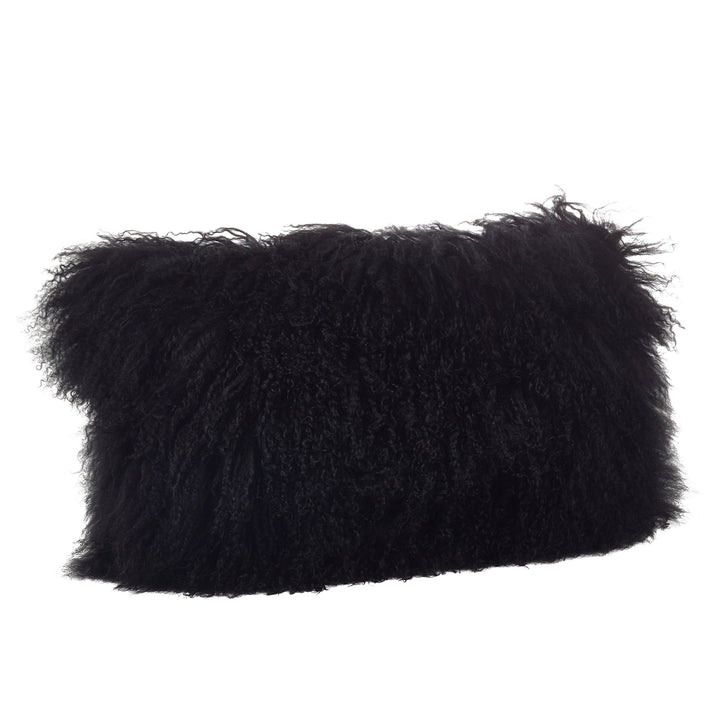 SARO LIFESTYLE 100% Wool Mongolian Lamb Fur Throw Pillow with Poly Filling 12" x Black