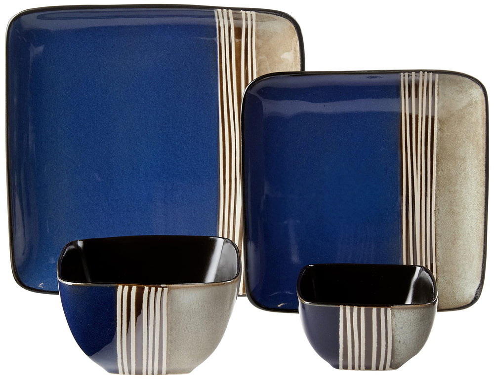 Elama Square Stoneware Loft Collection Dinnerware Dish Set 16 Piece Blue and Tan - Diamond Home USA