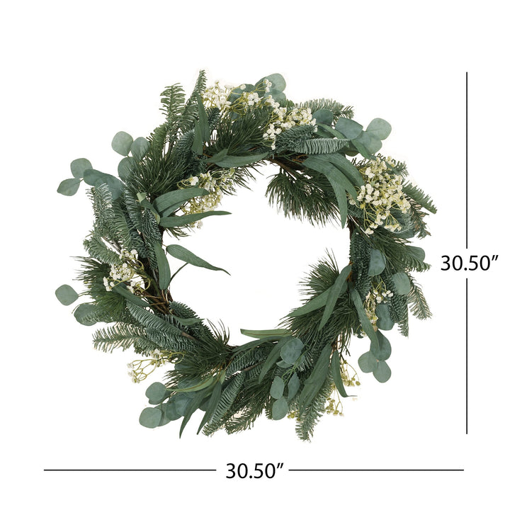30 inch Eucalyptus and Pine Artificial Silk Wreath with Baby's Breath Green + - Diamond Home USA