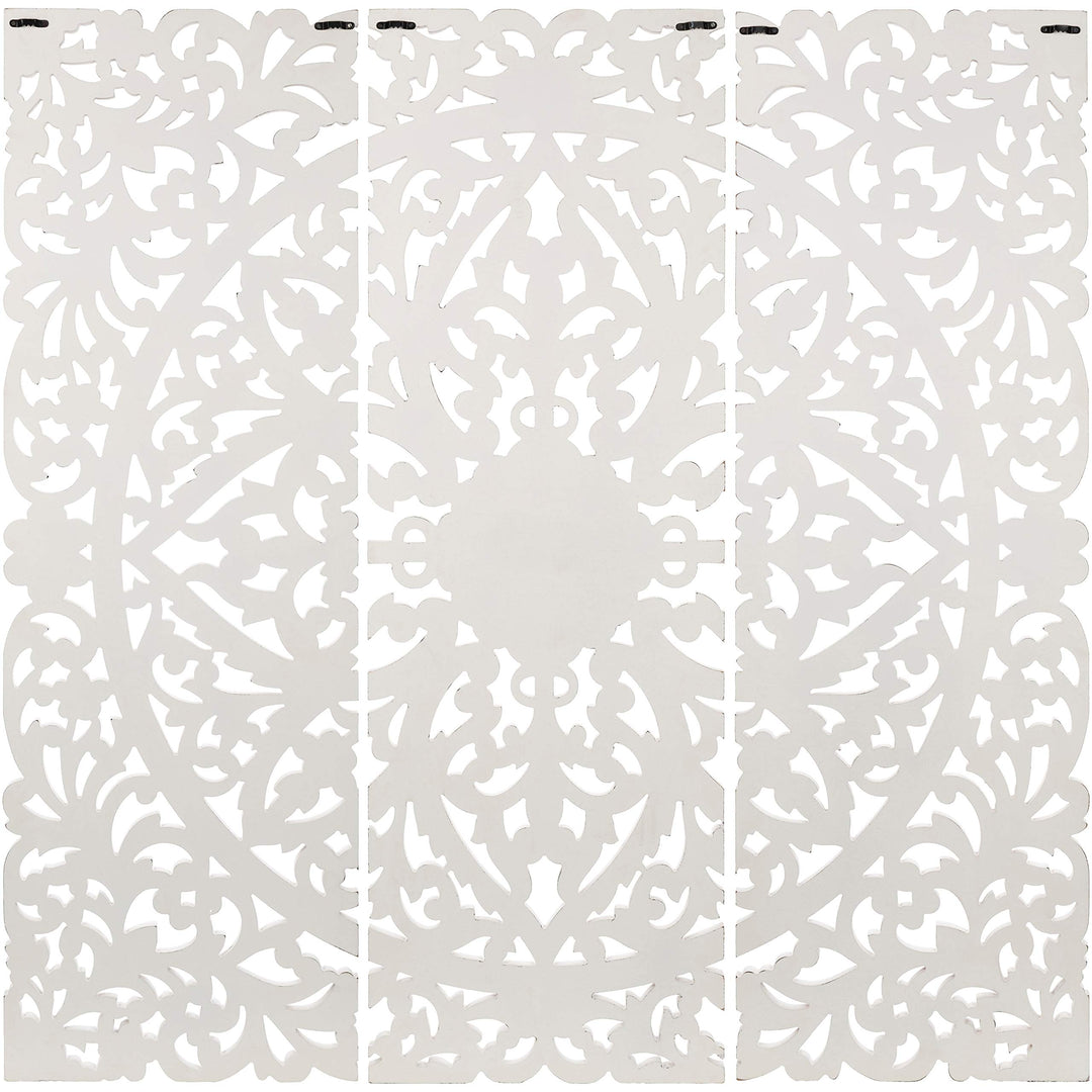 Floral Hand Carved Antique White Wooden 48x48-inch 3-Panel Wall Art Transitional - Diamond Home USA