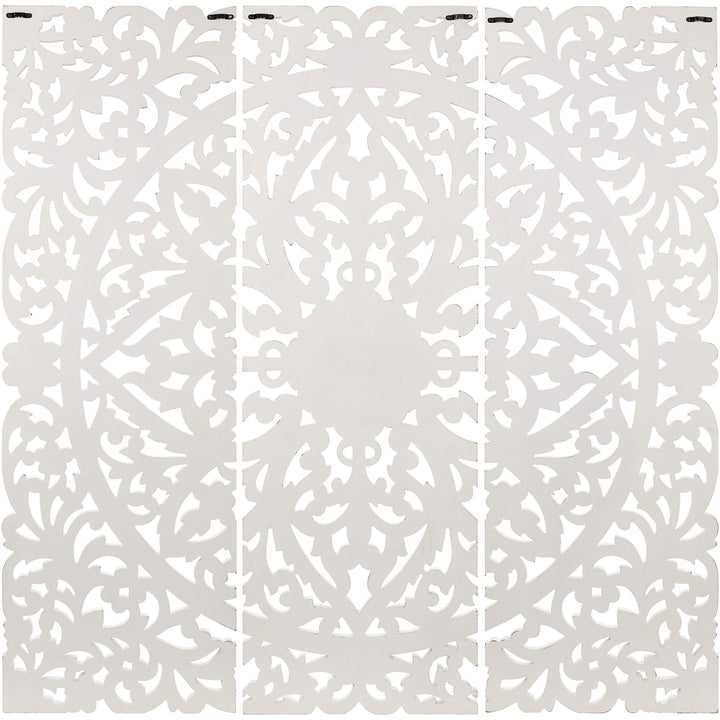 Floral Hand Carved Antique White Wooden 48x48-inch 3-Panel Wall Art Transitional - Diamond Home USA