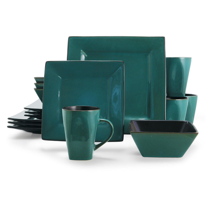 16 Piece Square Dinnerware Set In Dark Teal And Black Blue Solid