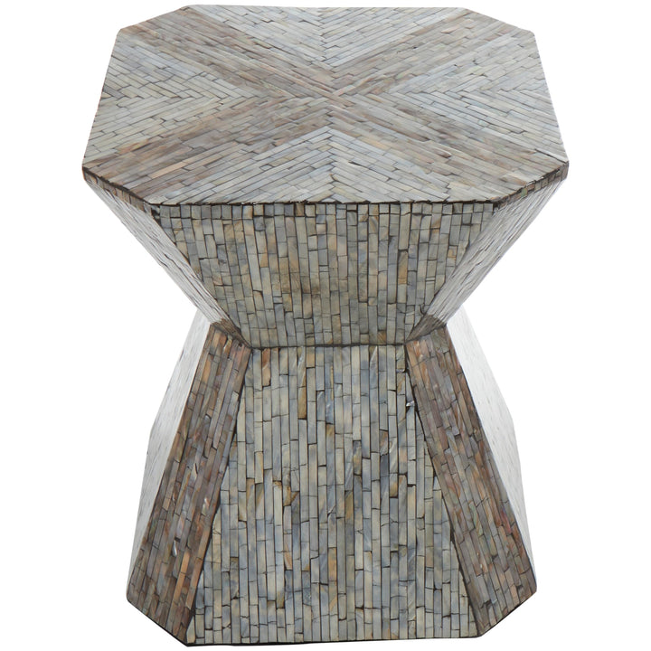 Gray Mother of Pearl Hourglass Geometric Accent Table with Linear Mosaic Pattern - Diamond Home USA