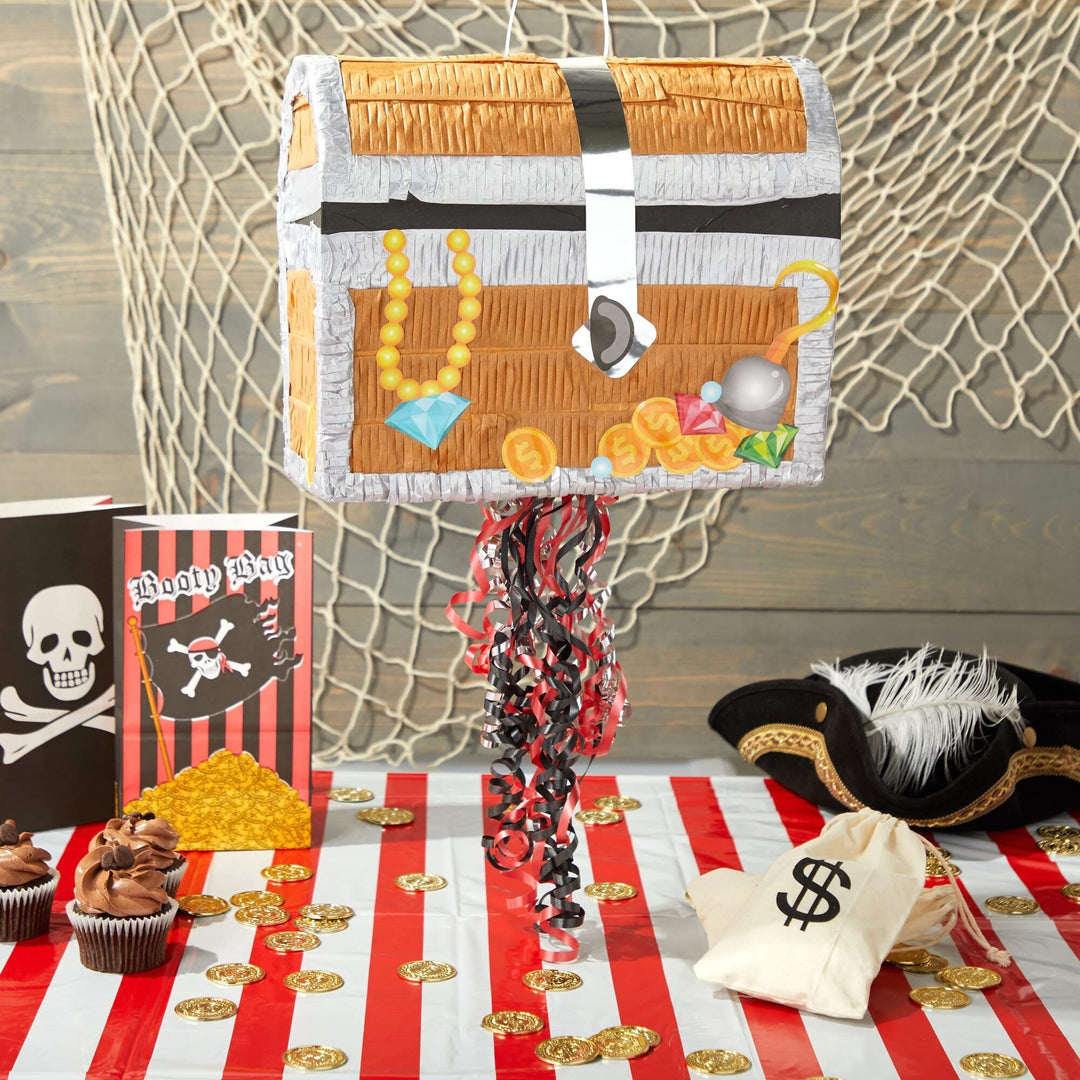 Pull String Treasure Chest Pinata For Kids Pirate Birthday Party Decorations - Diamond Home USA