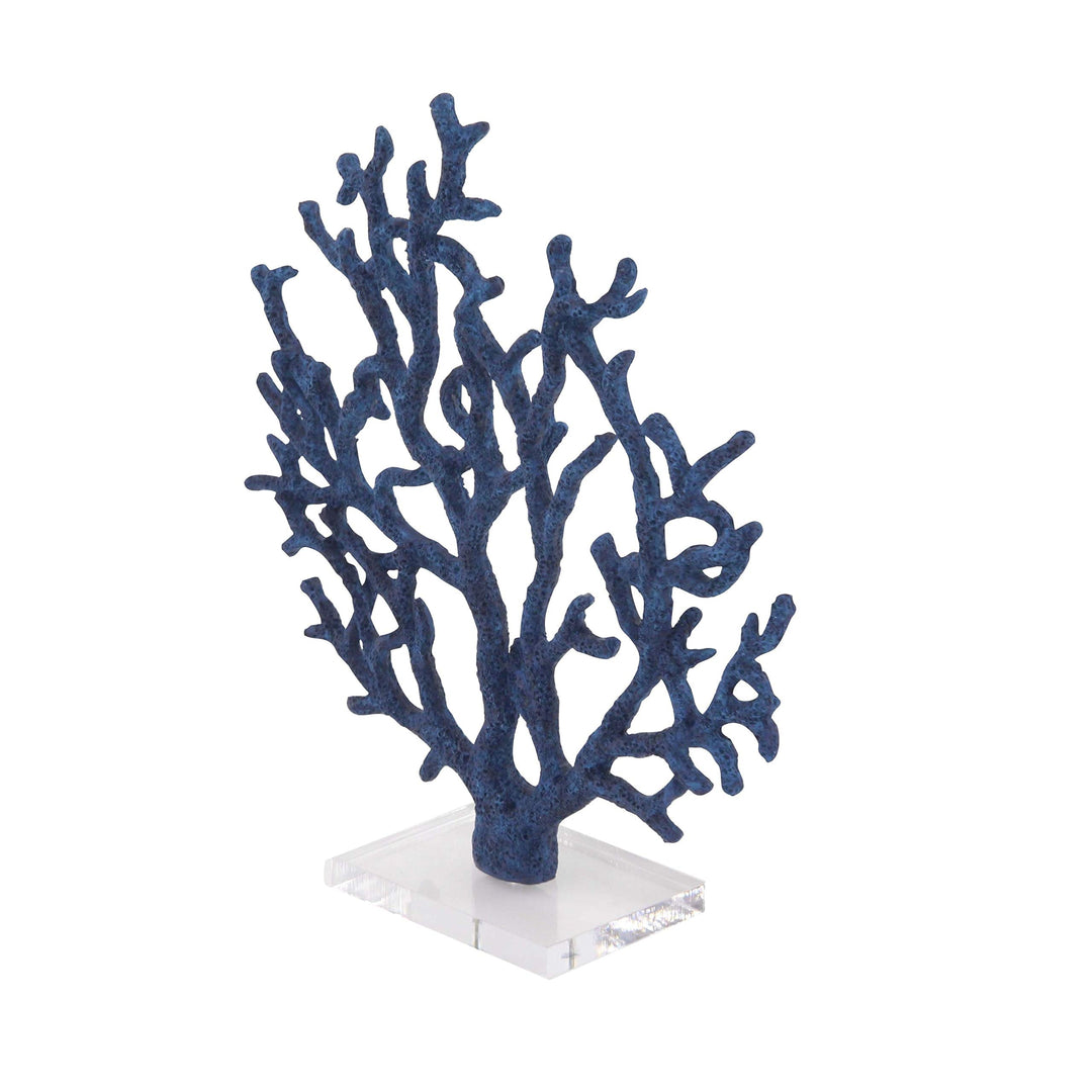 Coastal Polystone Blue Branched Coral Sculpture Nautical Resin Brass Finish - Diamond Home USA
