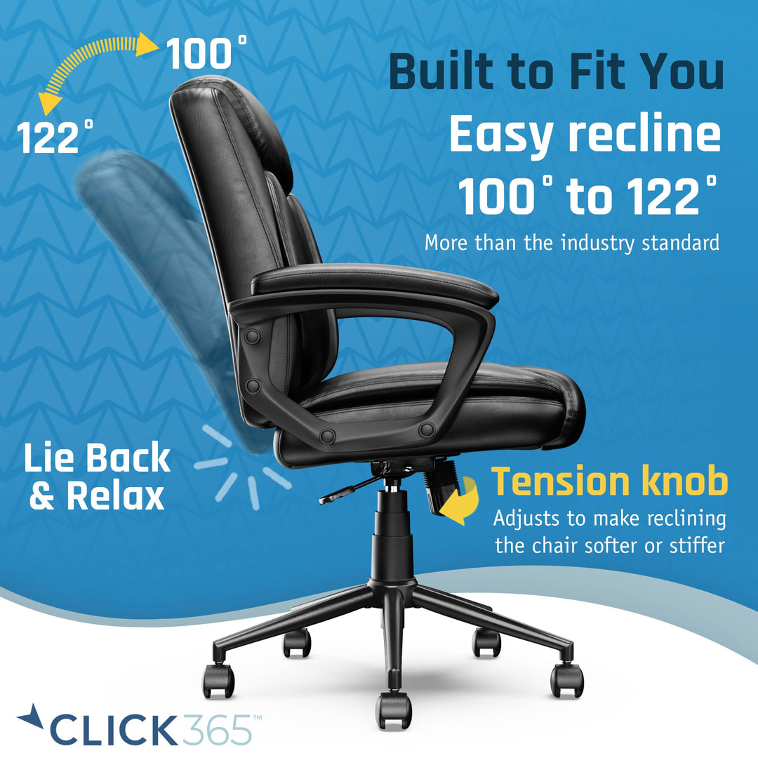 Click365 365 Transform 1.0 Extra Comfort Ergonomic Mid Back Desk Chair with Black Bonded Leather. - Diamond Home USA