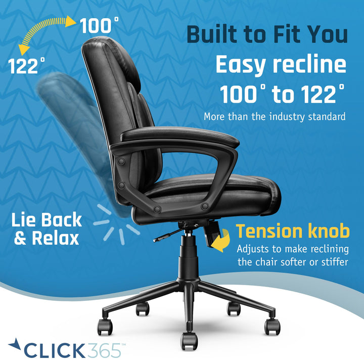 Click365 365 Transform 1.0 Extra Comfort Ergonomic Mid Back Desk Chair with Black Bonded Leather. - Diamond Home USA