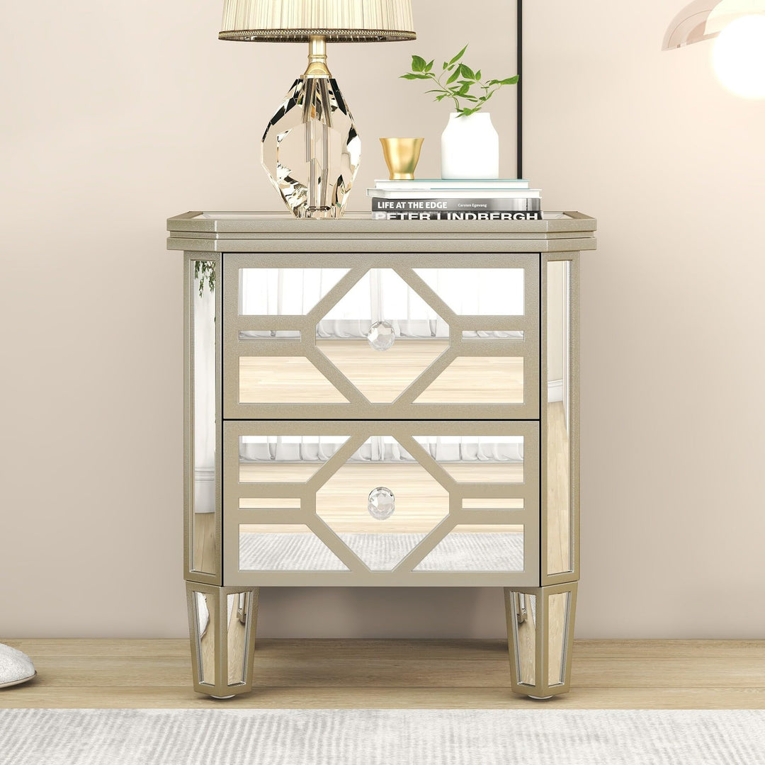Elegant Mirrored 2-Drawer Nightstand End Table with Golden Lines Silver Modern - Diamond Home USA