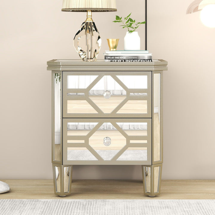 Elegant Mirrored 2-Drawer Nightstand End Table with Golden Lines Silver Modern - Diamond Home USA