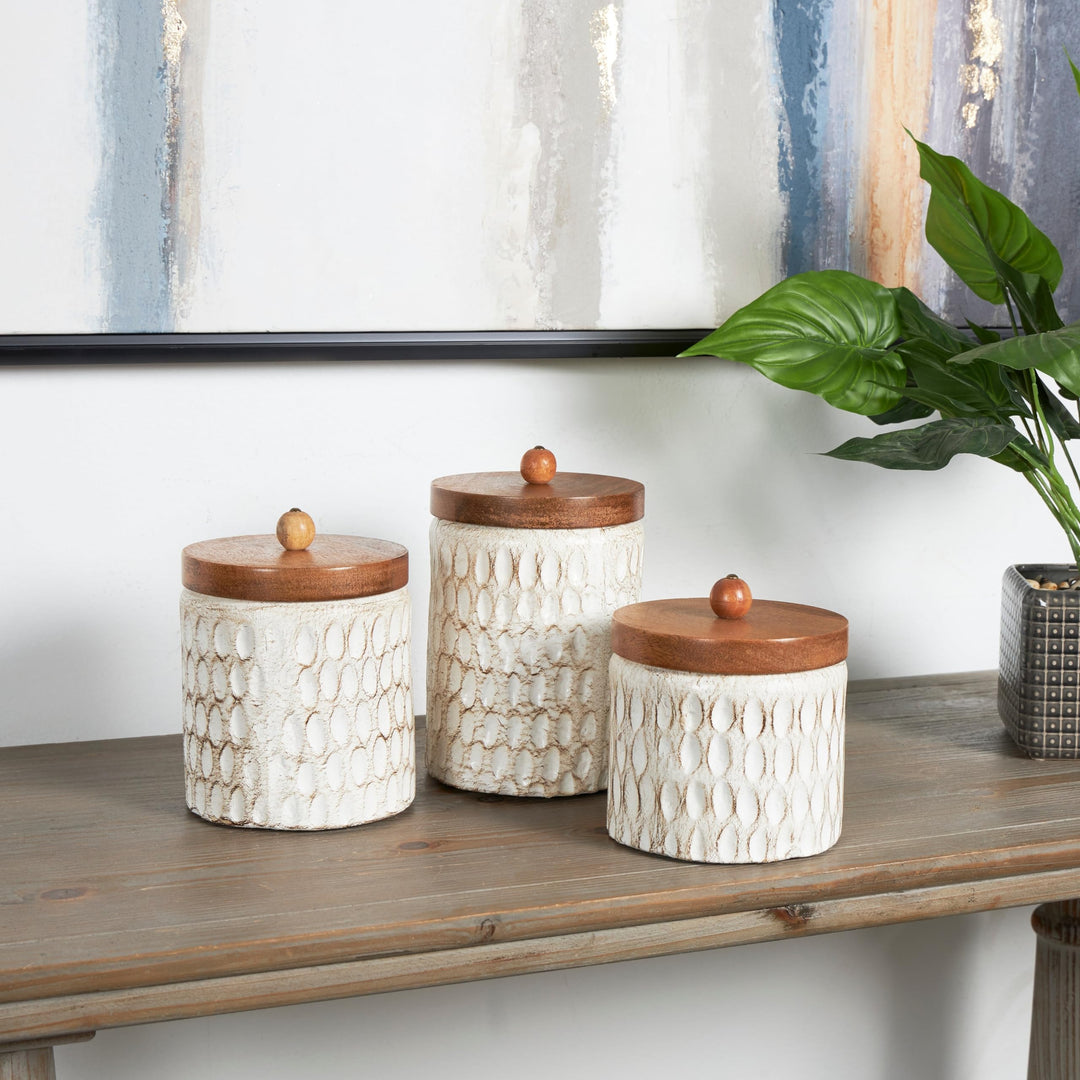 Cream Paper Handmade Carved Spotted Geometric Canisters With Brown Removable