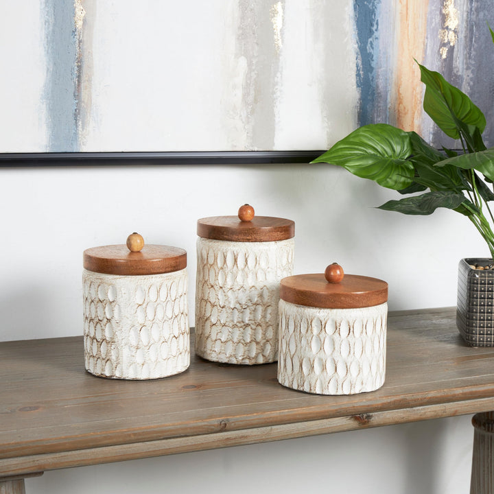 Cream Paper Handmade Carved Spotted Geometric Canisters With Brown Removable
