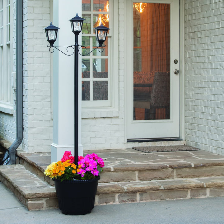 Triple Solar Lamp and Post Set with Round Planter Black Resin - Diamond Home USA