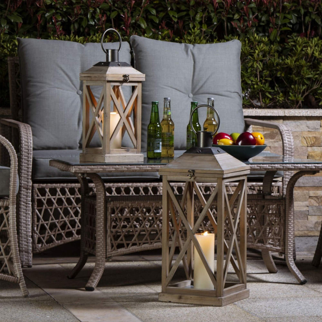 Set of 2 Modern Farmhouse Wooden Lantern Brown Contemporary Iron Wood Finish Natural - Diamond Home USA