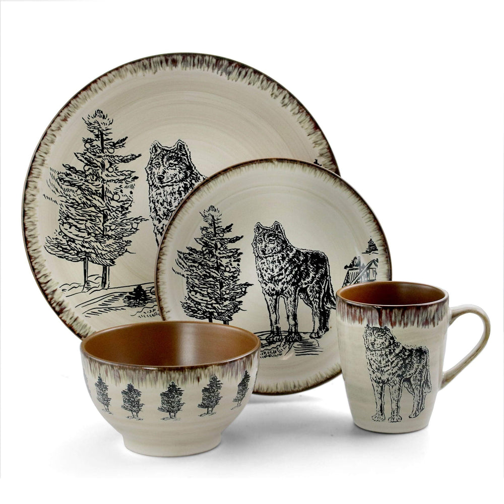 Wolf 16 Piece Round Stoneware Dinnerware Set in Taupe Tan Animal Casual - Diamond Home USA
