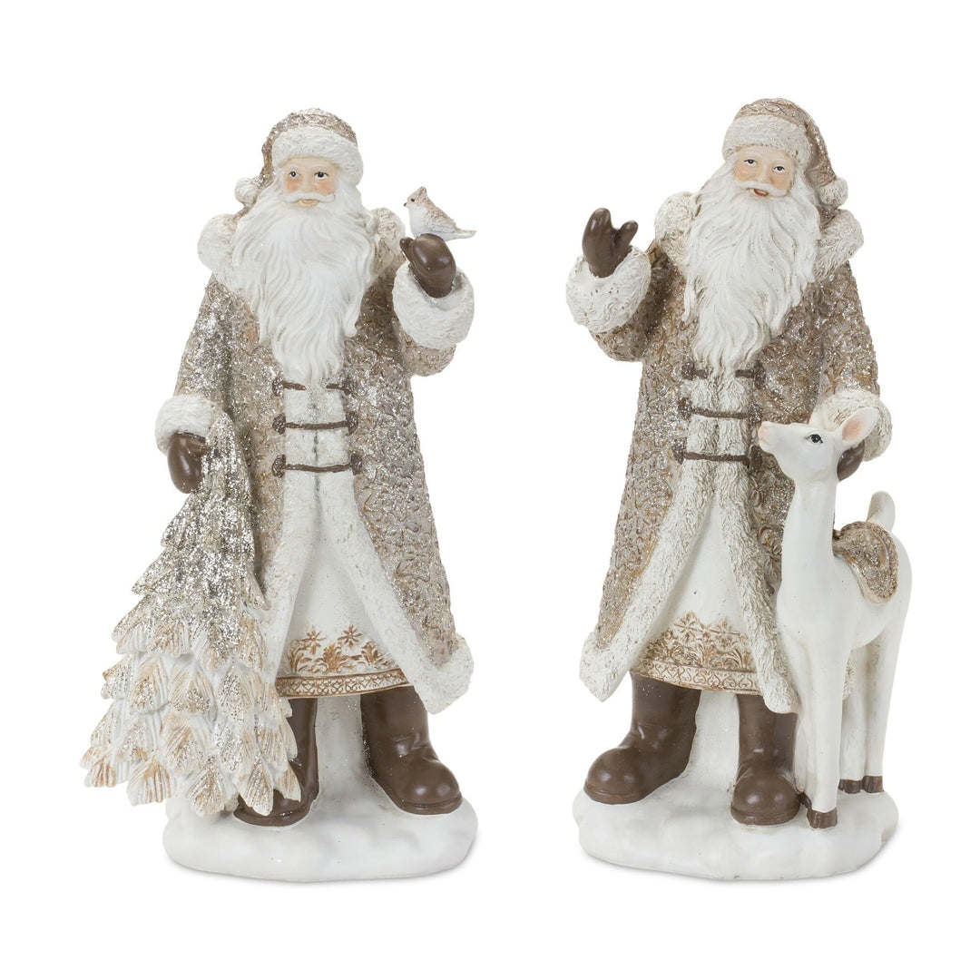 Santa Figurine with Deer and Pine Tree Accents (Set of 2) Off/White Resin