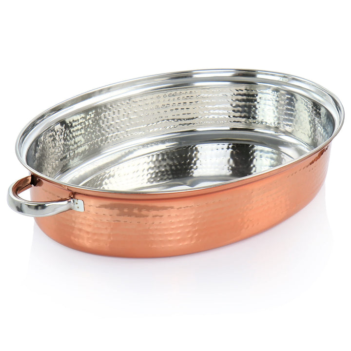 17.5 Inch Stainless Steel Copper Plated Oval Roaster With Lid And Roasting Rack - Diamond Home USA