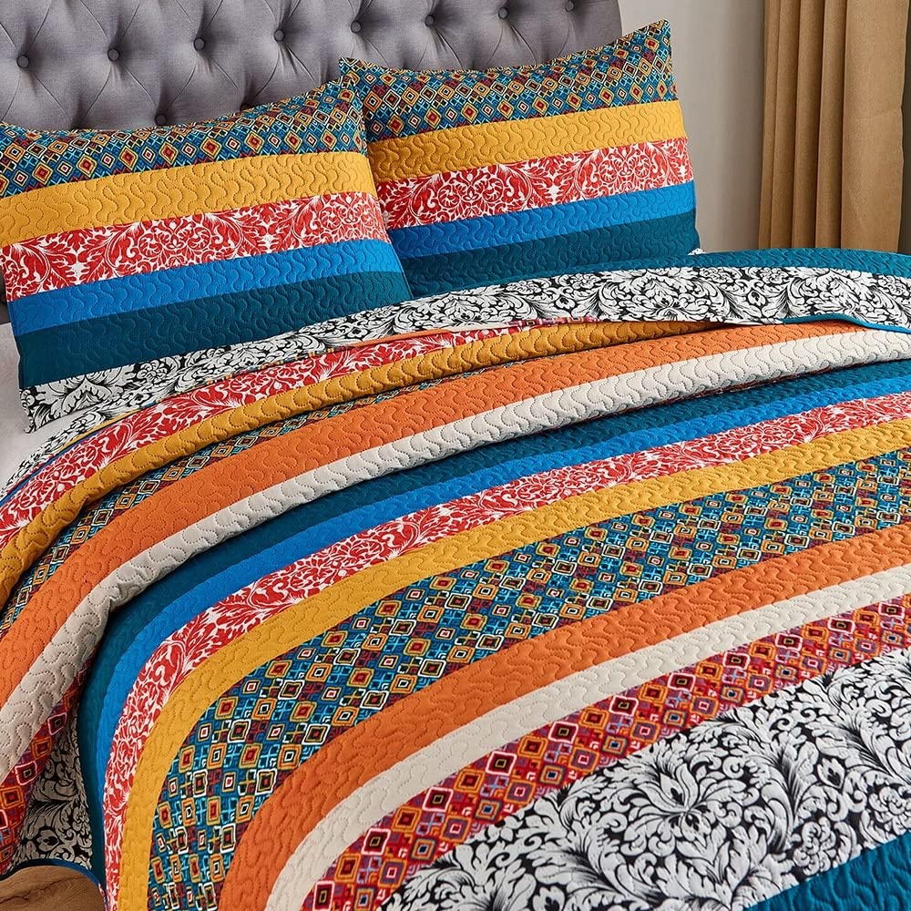 3 Pieces Plaid Printed Reversible Bedspread Queen Boho Stripe Blue Striped - Diamond Home USA