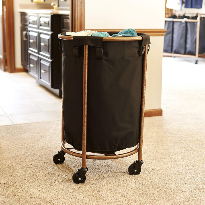 Black Copper Rolling Laundry Hamper With Wheels Round Laundry Sorter Storage
