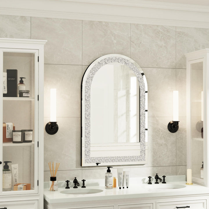 Crushed Diamond Long Arch Top Glass Mirror Silver Modern Contemporary Frameless - Diamond Home USA