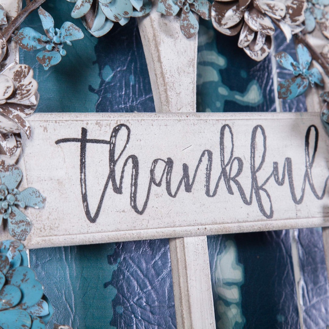 Metal and Wood Thankful Cathedral Window Wall Decor Blue White Shabby Chic - Diamond Home USA