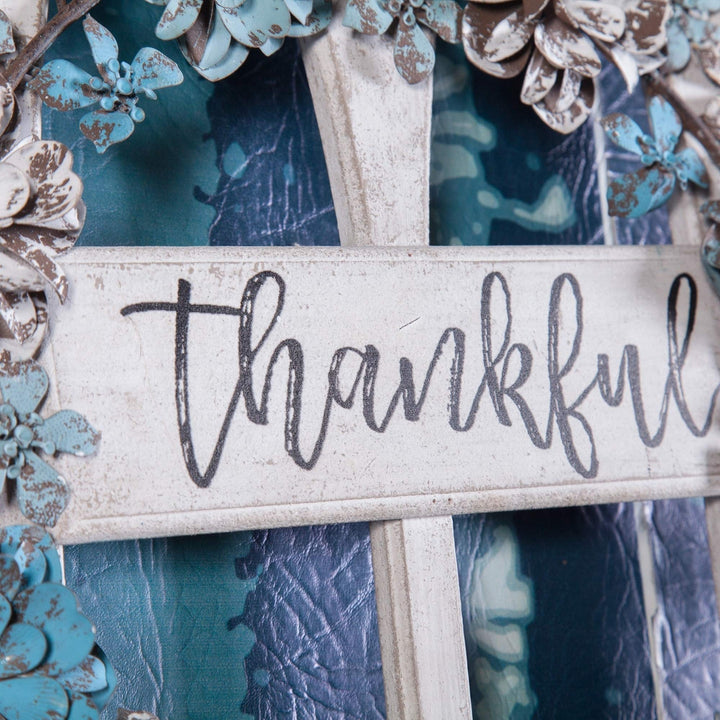 Metal and Wood Thankful Cathedral Window Wall Decor Blue White Shabby Chic - Diamond Home USA