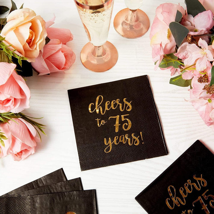 75 Birthday Party Cocktail Napkins Cheers To Years (5 X 5 In 50 Pack) Black - Diamond Home USA