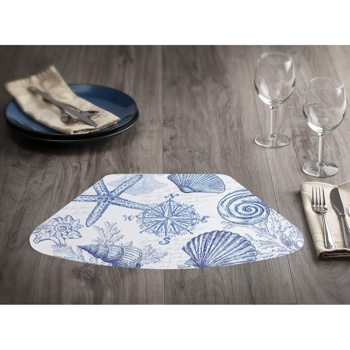 Reversible Wipe-Clean Wedge Shaped Placemats Set of 4 Coastal Sketch Multi Color - Diamond Home USA