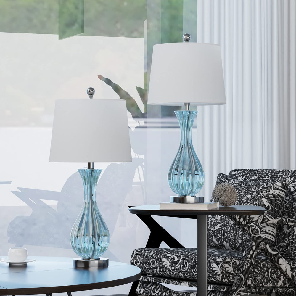 25.5'' Blue Glass Bedside Table Lamp Set (Set of 2) 13 * 13 * 25.5 Glam Modern - Diamond Home USA
