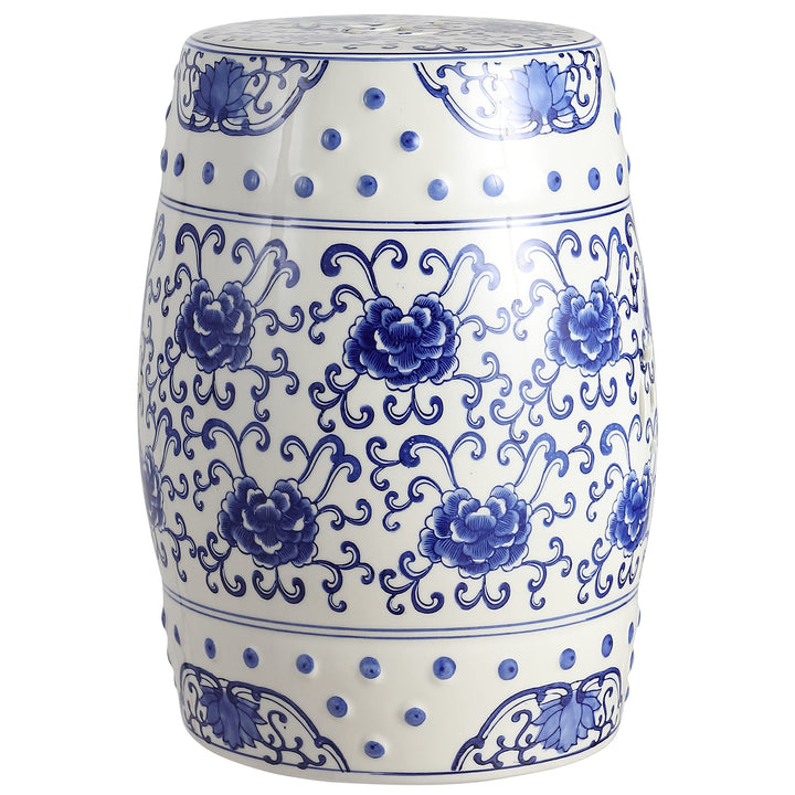 Lotus Flower 17.8" Chinoiserie Ceramic Drum Garden Stool lue/White lue White - Diamond Home USA
