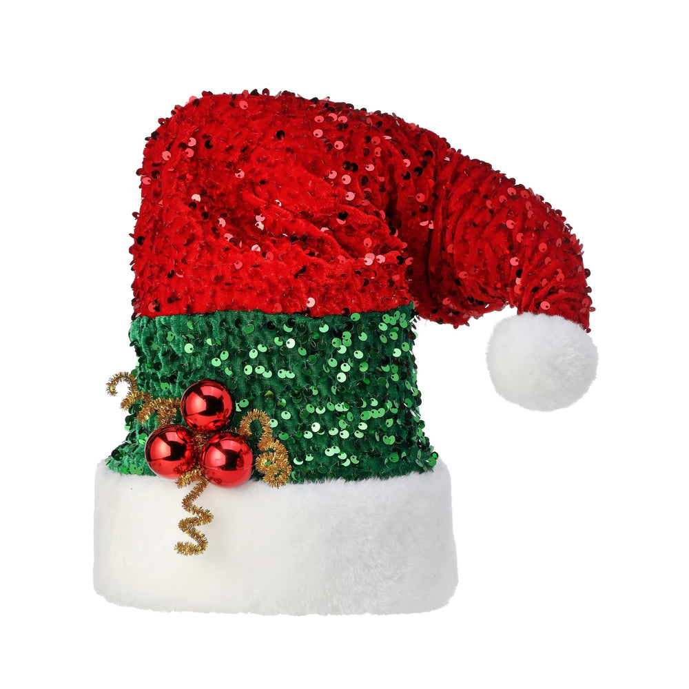 10" Glitter Sequin Santa Hat Tree Topper Red Polyester - Diamond Home USA
