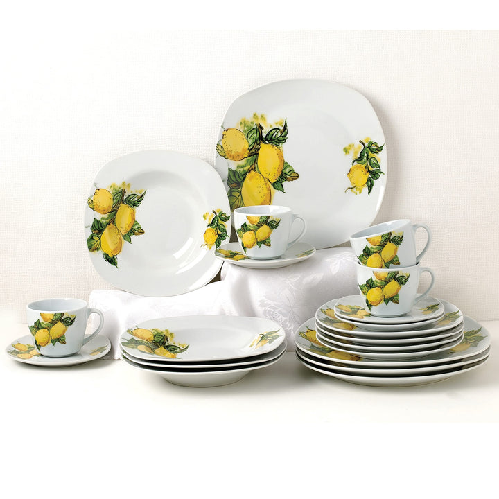 Porcelain 20 Piece Square Dinnerware Set Service For 4-lemon Design White - Diamond Home USA