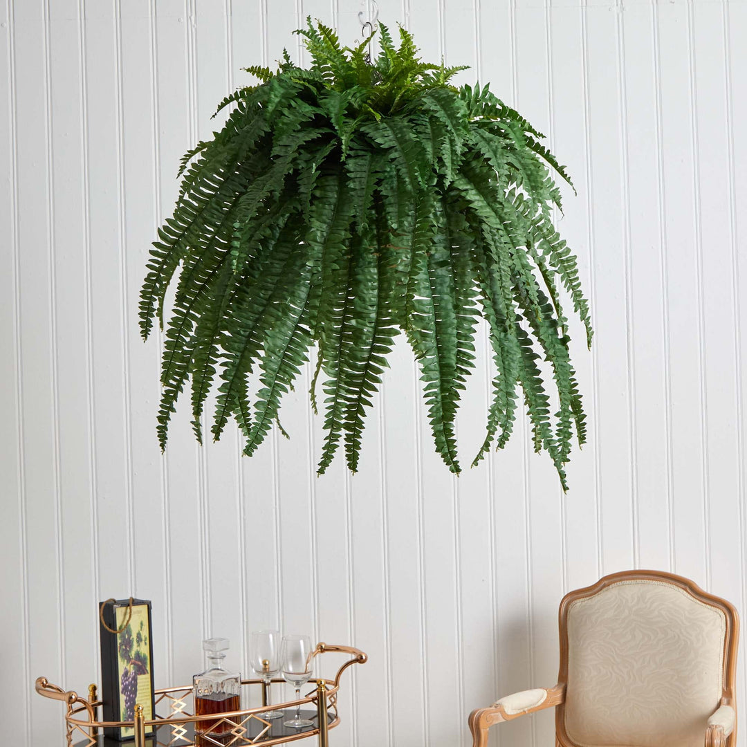 Nearly Natural 39in. Boston Fern Artificial Plant in Metal Hanging Bowl - Diamond Home USA