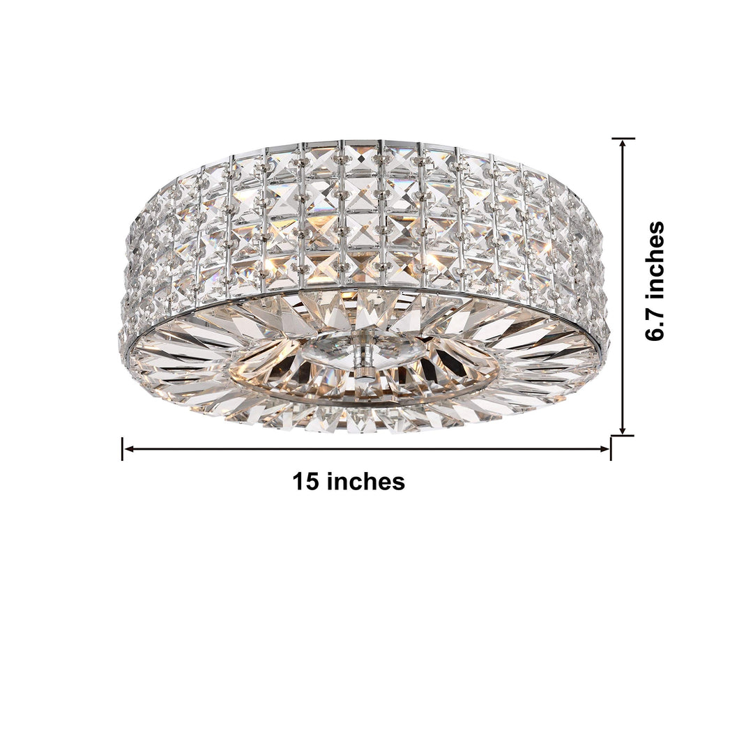 Chrome Finish 3-Light Crystal and Prism Round Flush Mount - Clear Modern - Diamond Home USA