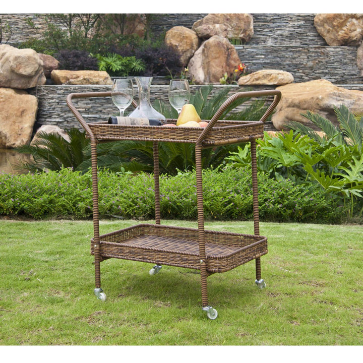 32” Honey Brown Resin Wicker Outdoor Patio Garden Serving Cart with Wheels Yellow