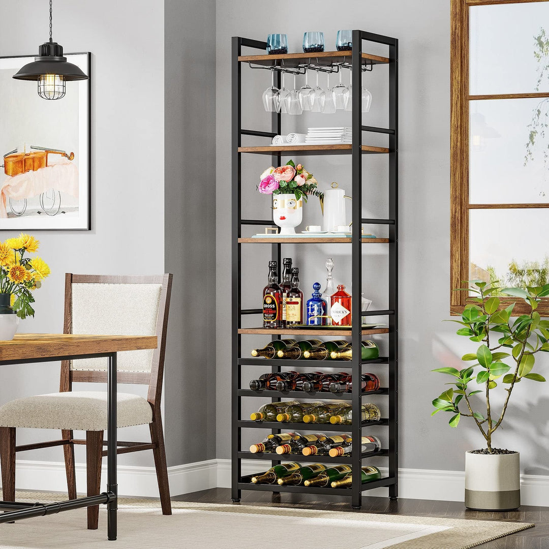 9-Tier Freestanding Floor Wine Rack 20-Bottle Bakers with Glass Holder and Brown - Diamond Home USA