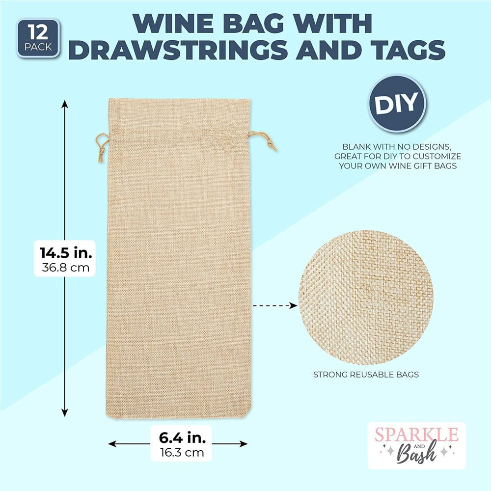 Burlap Wine Gift Bags with Drawstrings and Tags (6.4 X 14.5 in 12 Pack) Brown - Diamond Home USA