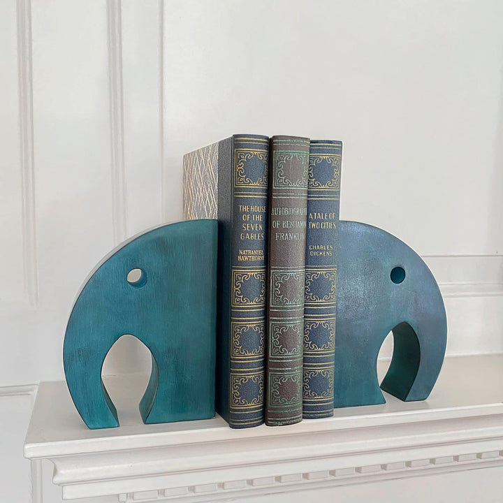 Teal Elephant Book Ends Carved Soapstone Blue Stone Handmade