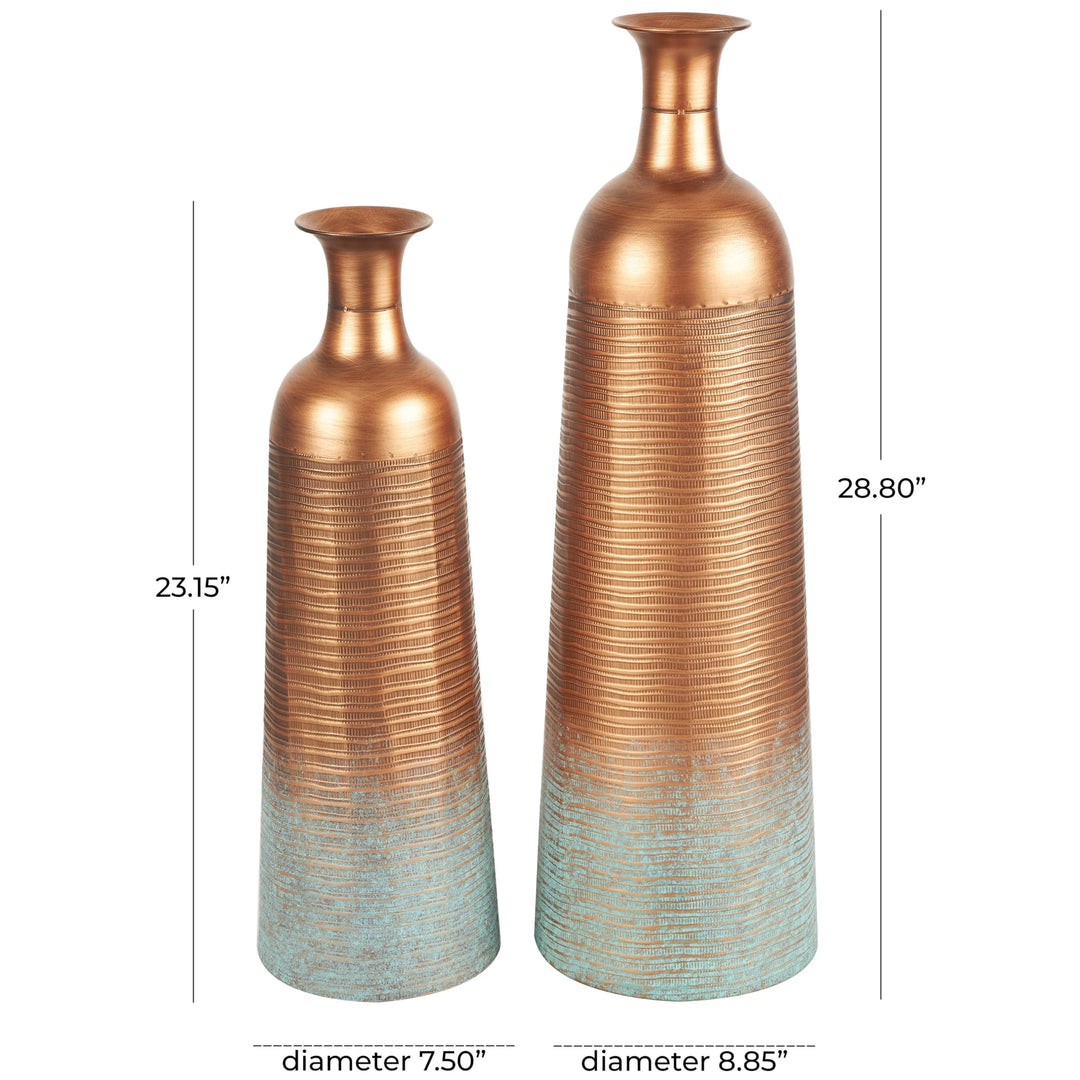 Copper Metal Ribbed Textured Vase with Distressed Teal Accents (Set of 2) Iron - Diamond Home USA