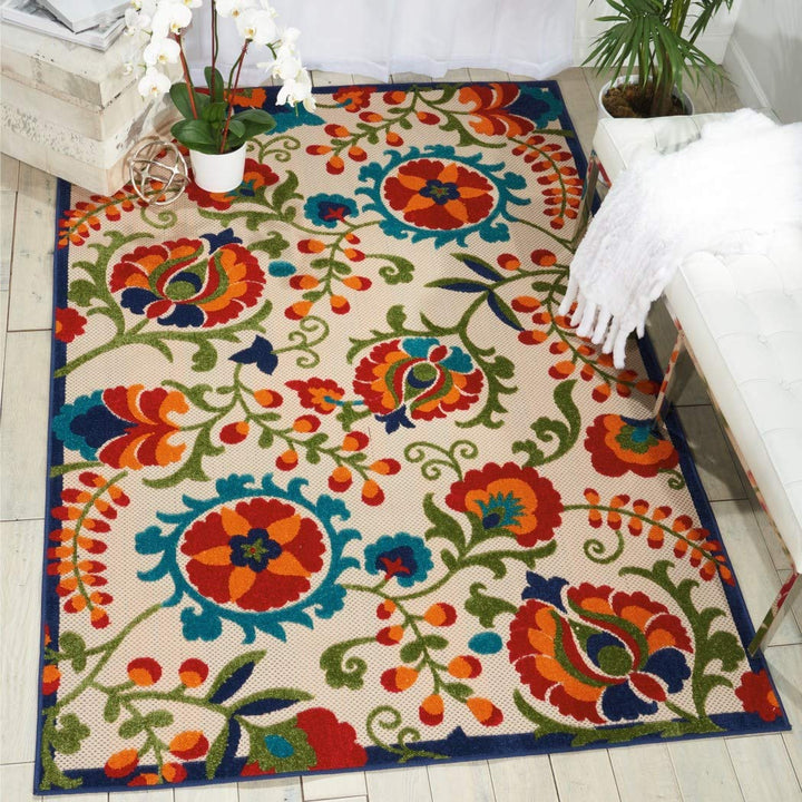 5'3 x 7'5 Indoor Outdoor Floral Multi Color Red Orange Area Rug Polypropylene 5'3" x 7'5" - Multicolor