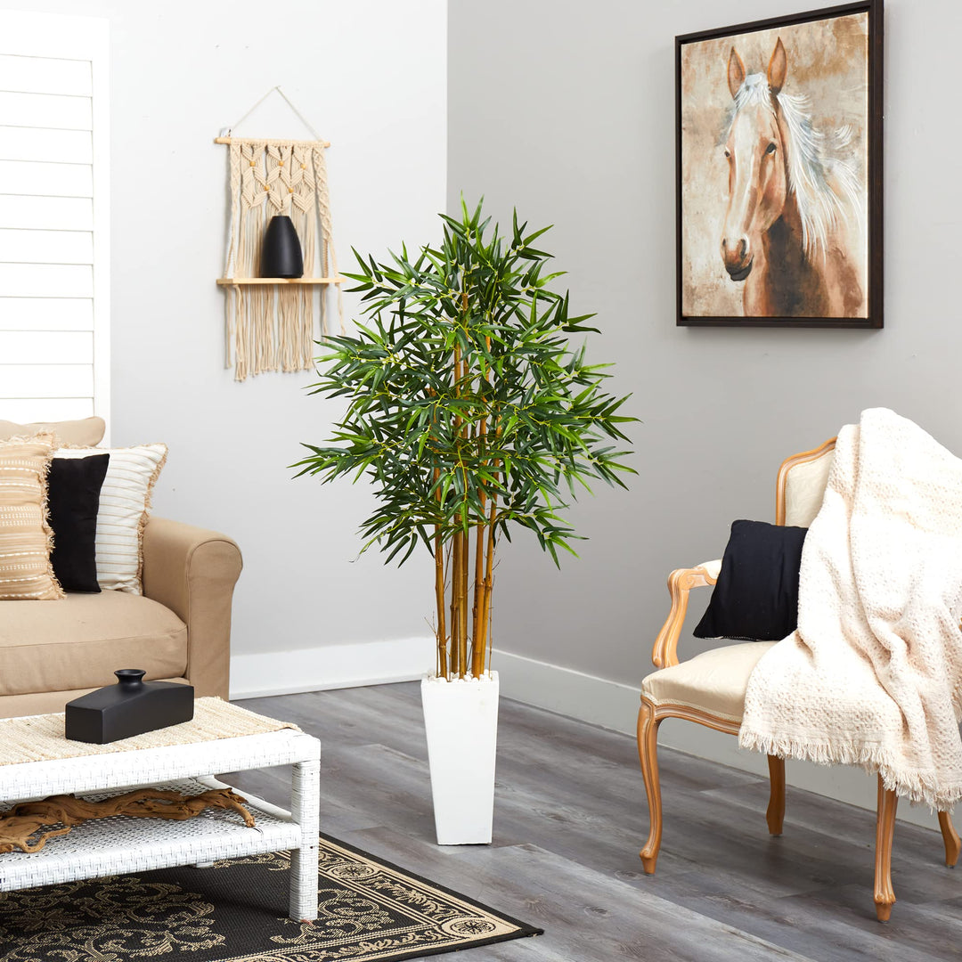 Nearly Natural 5812 5’ Bamboo Artificial Tree in White Tower Planter Green - Diamond Home USA