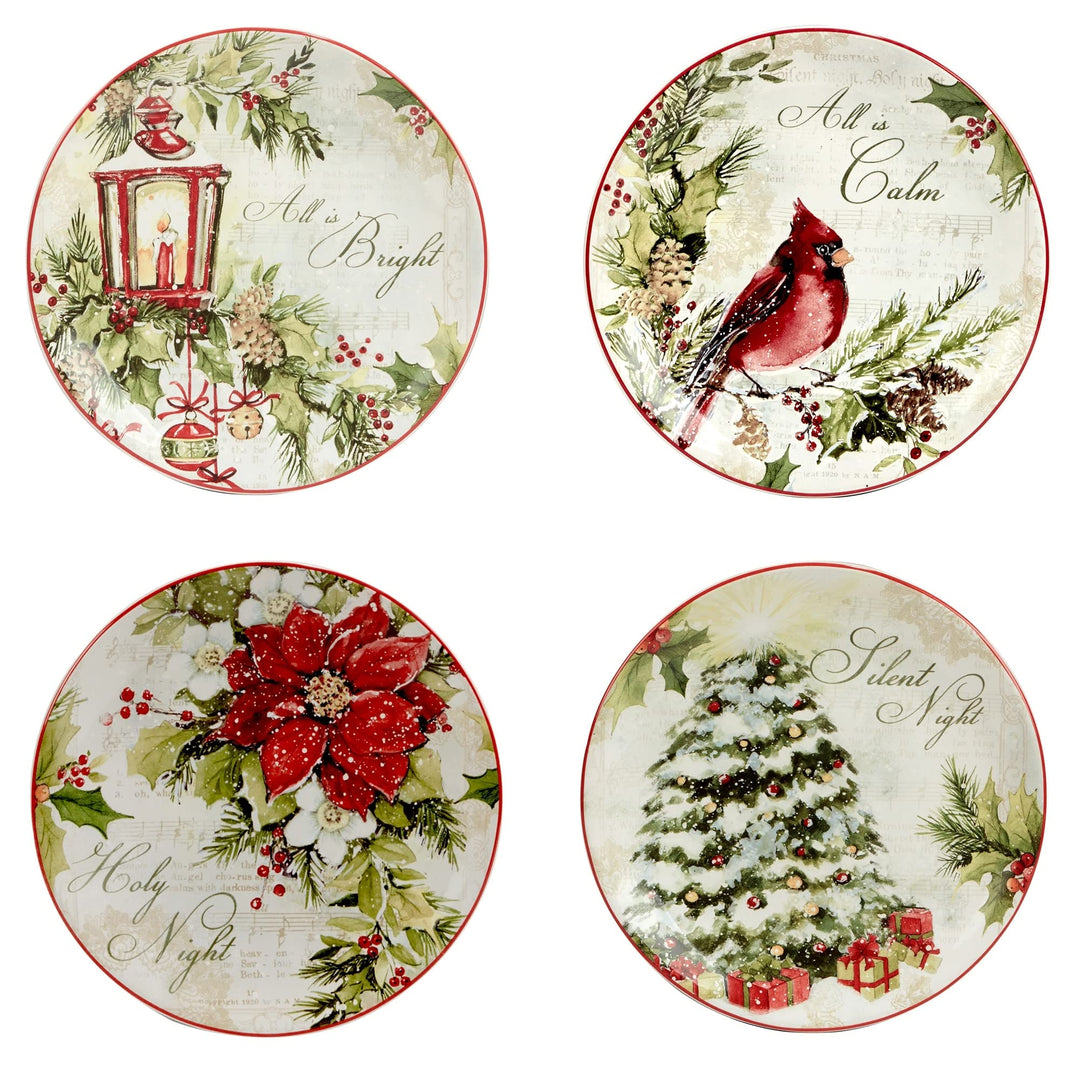Silent Night 9" Salad/dessert Plates Set Of 4 Multi Color Red White Floral