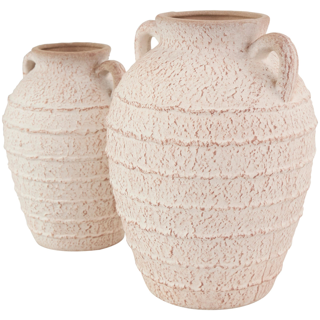 Cream Ceramic Textured Vase with Handles and Terracotta Accents (Set of 2) - Diamond Home USA