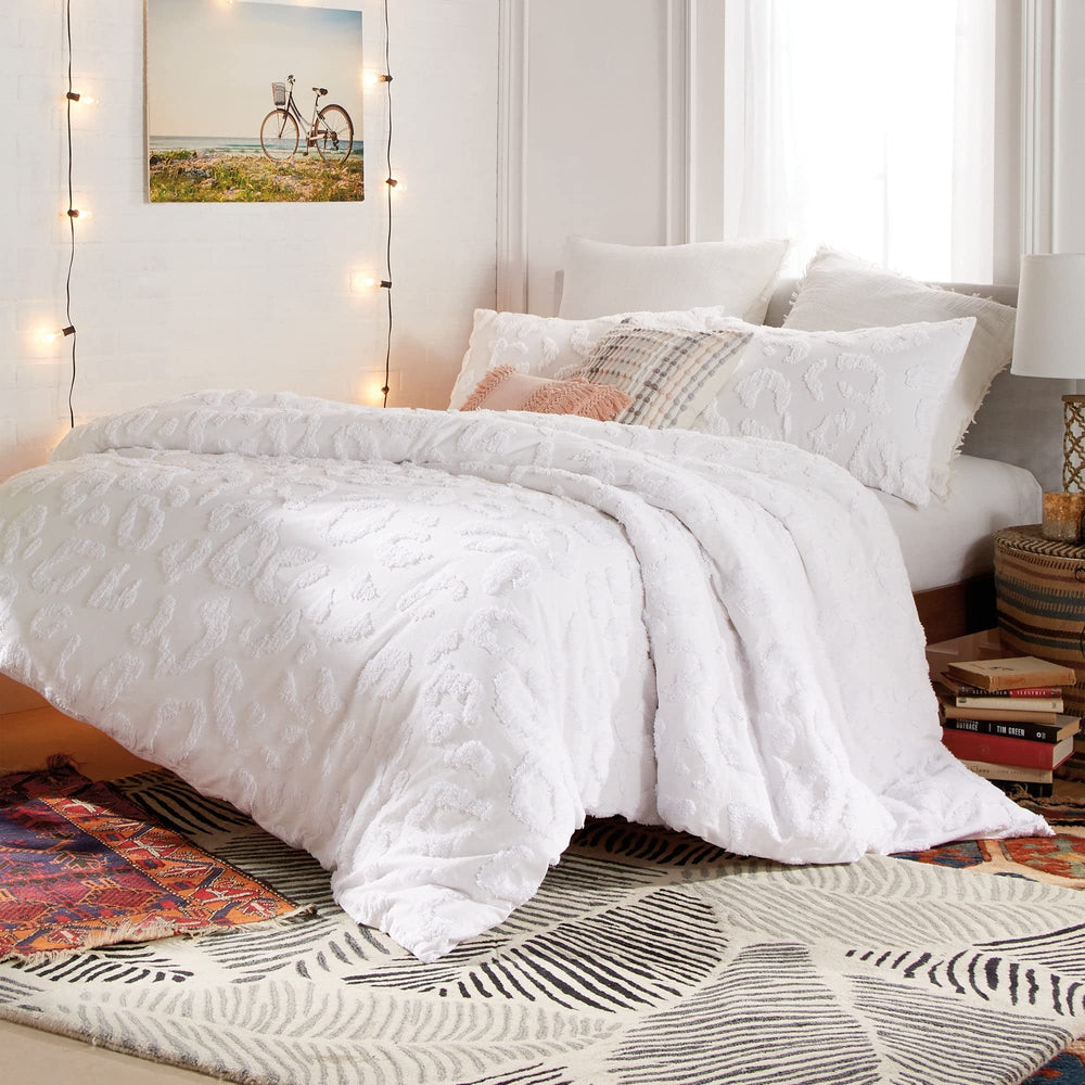 Chenille Leopard Comforter Set White Textured Modern Contemporary Cotton 3 Piece - Diamond Home USA