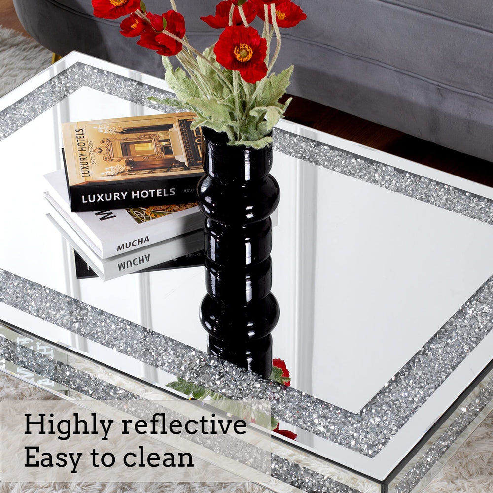 Mirrored Coffee Table with Crystal Inlay ctangle Silver Accent Contemporary - Diamond Home USA