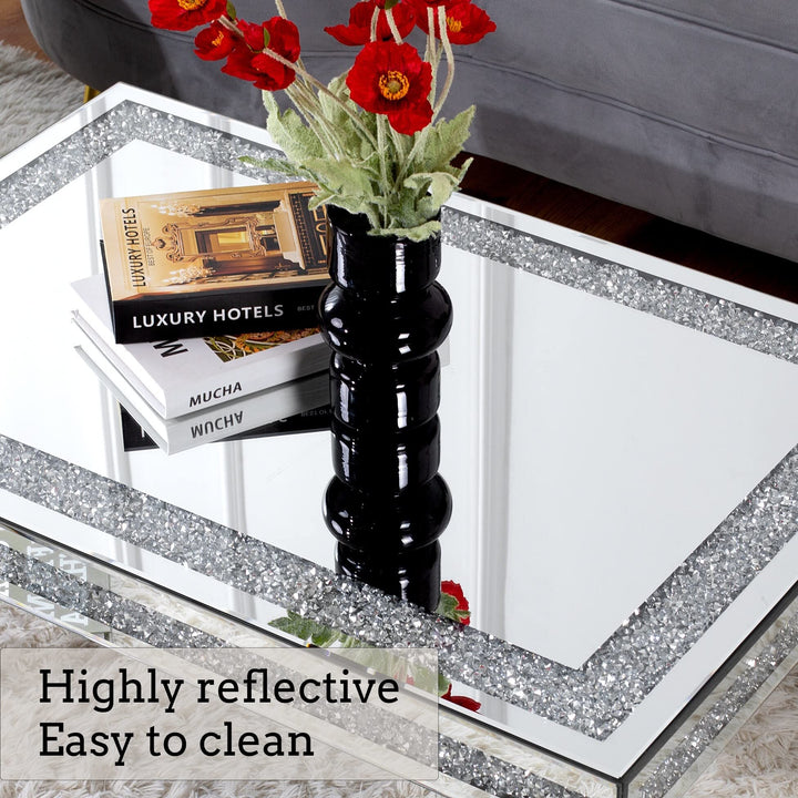 Mirrored Coffee Table with Crystal Inlay ctangle Silver Accent Contemporary - Diamond Home USA