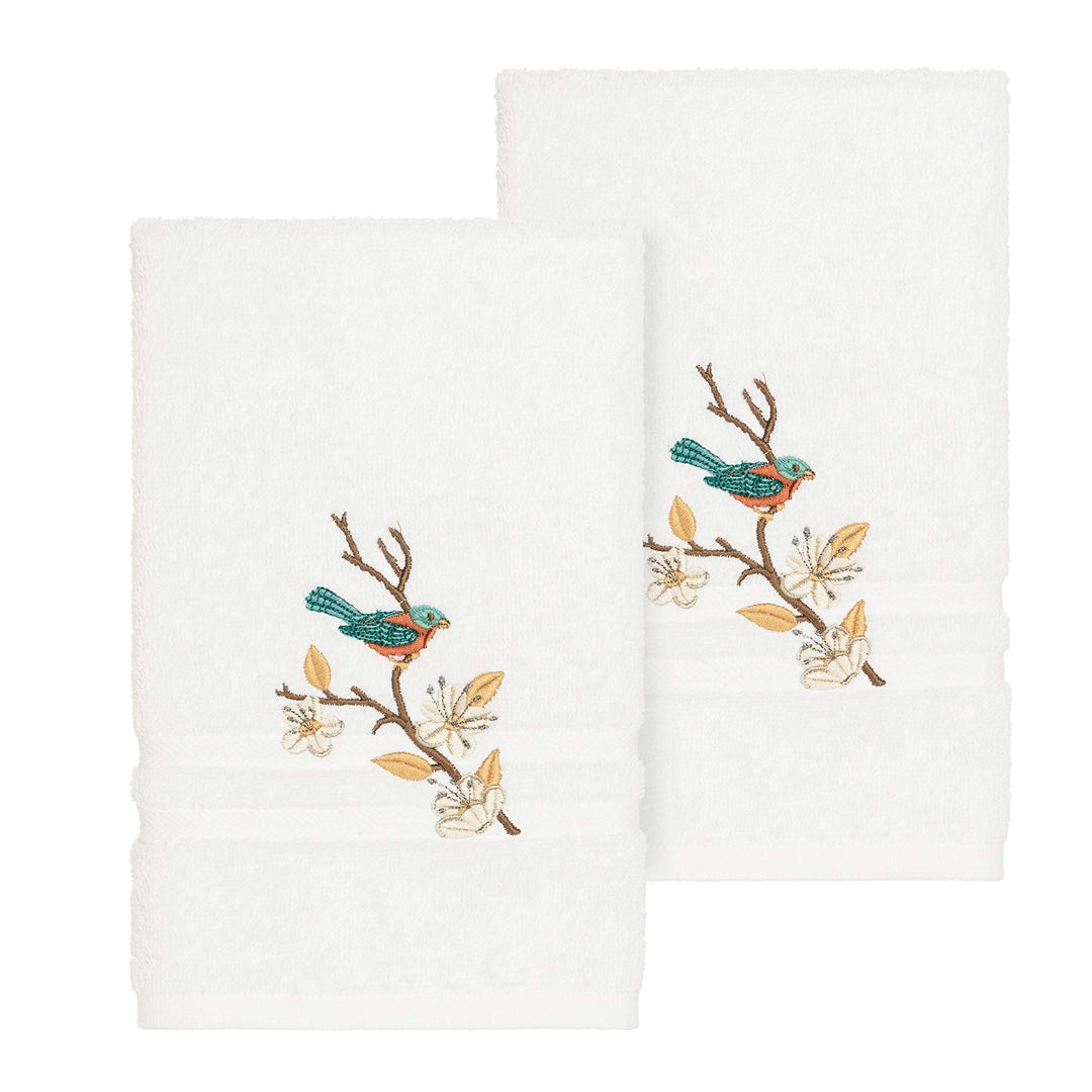Authentic Hotel and Spa Turkish Cotton Blue Bird Embroidered White 2-Piece Towel - Diamond Home USA