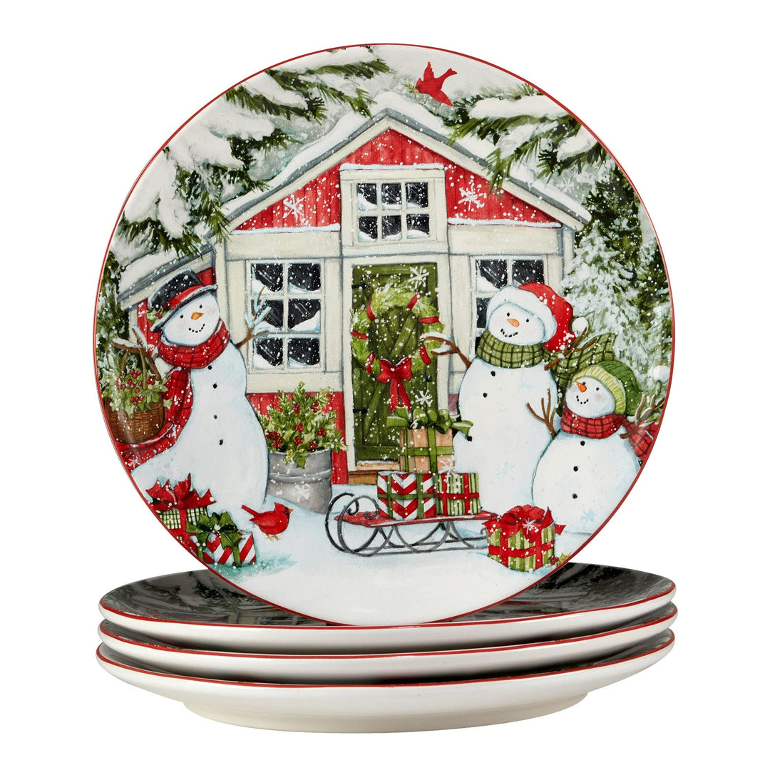 Snowman's Farmhouse 16 Pc. Dinnerware Set Service For 4 Multi Color Red White - Diamond Home USA