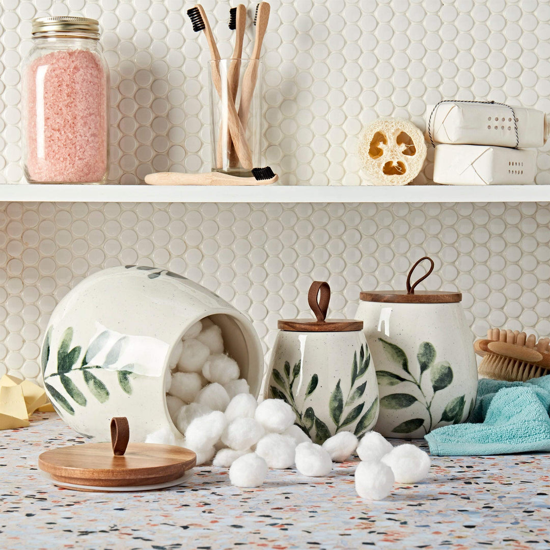 Tabletops Gallery 3pc Green Leaf Canisters with Acacia Wood Lid Multi Color - Diamond Home USA