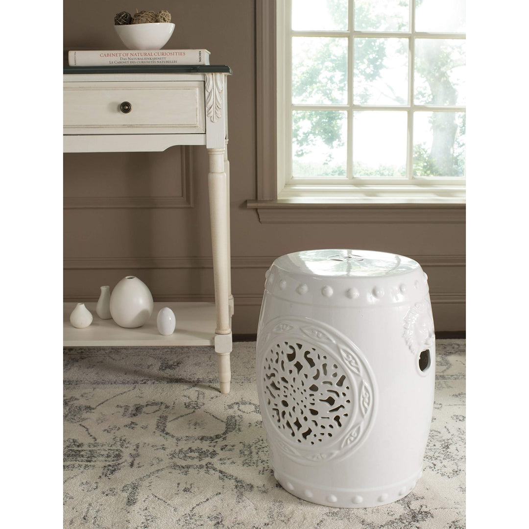 Flower White Drum Garden Stool - 14.5" X 18" Ceramic